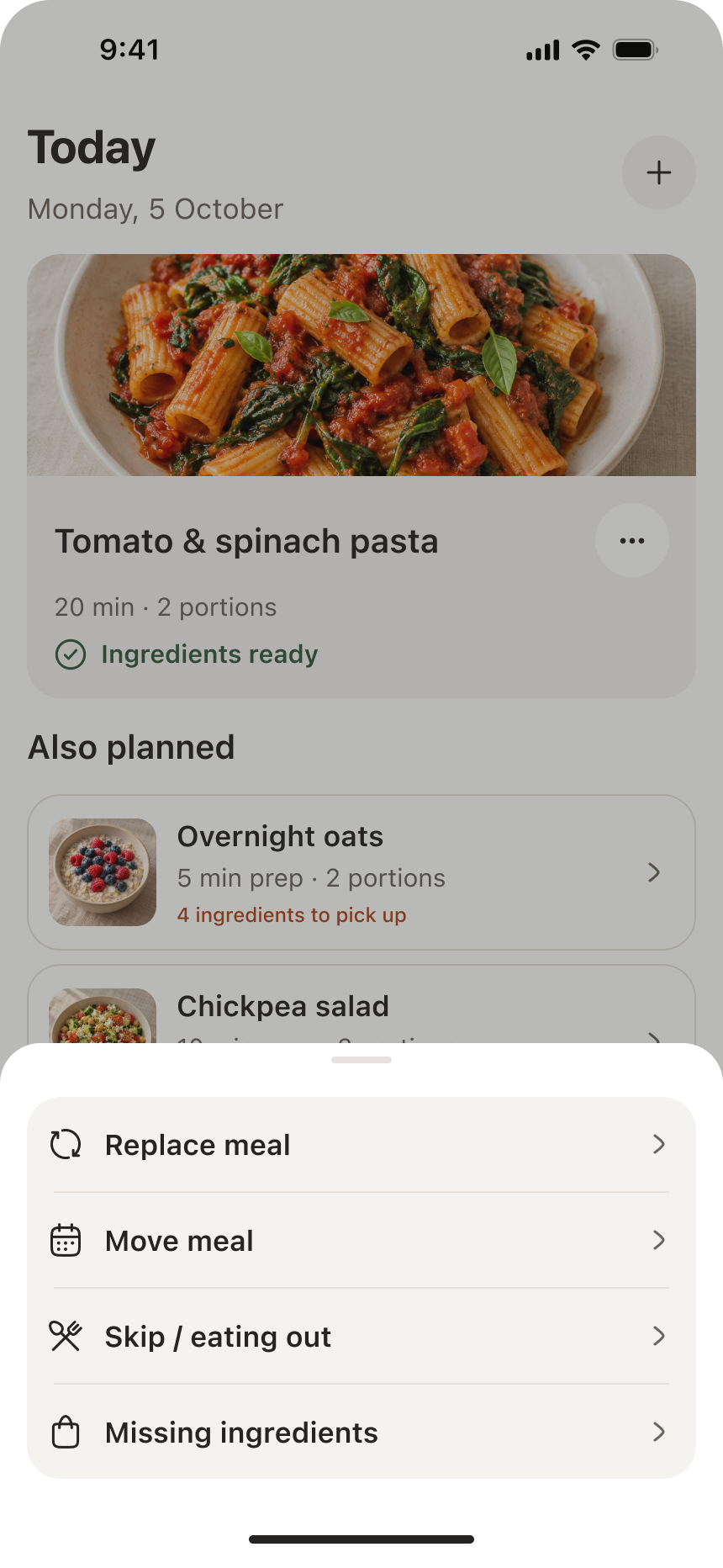 Chef Engine meal actions to move, skip or replace a planned meal.